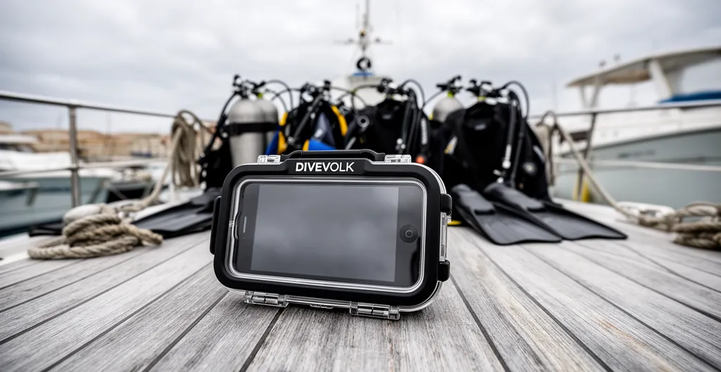 Caisson étanche smartphone posé sur pont de bateau de plongée avant mise à l'eau