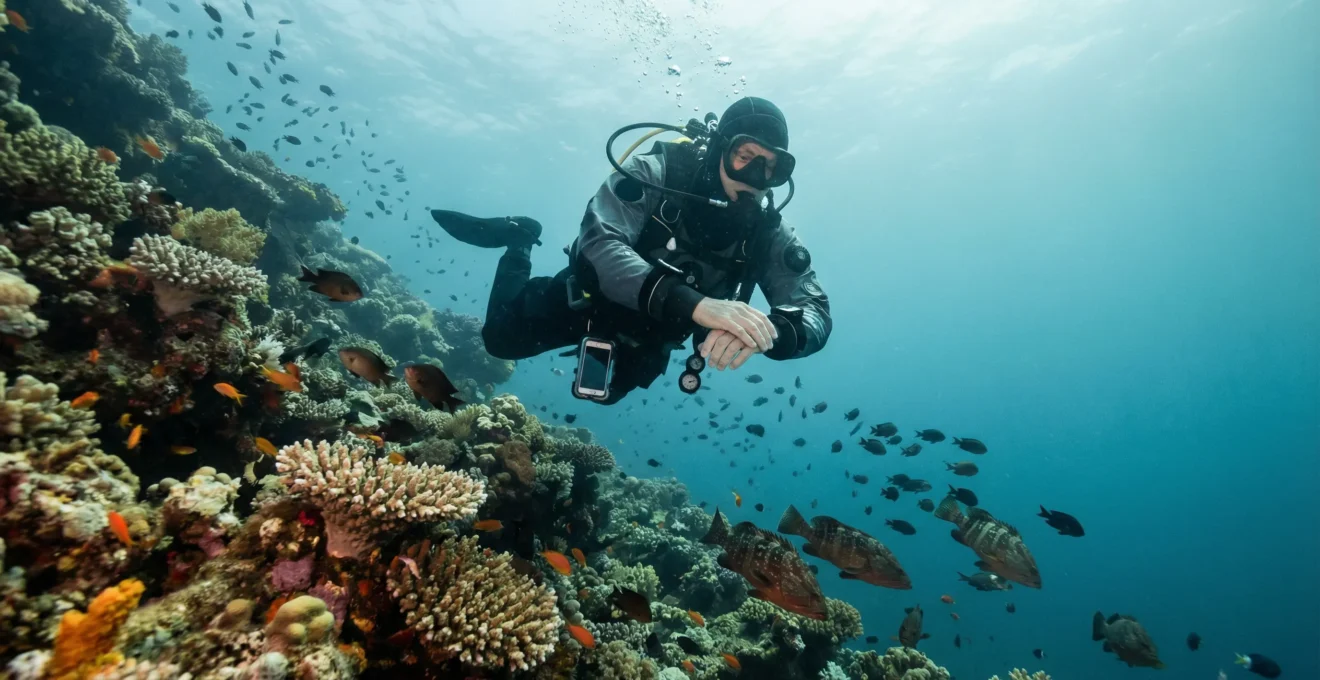 Plongeur équipé descendant le long d'un récif avec caisson smartphone à la ceinture