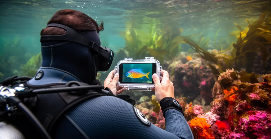 Plongeur photographiant un poisson coloré avec smartphone en caisson étanche sur récif