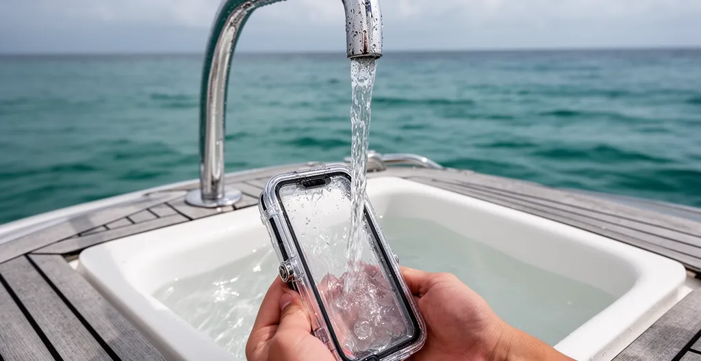 Rinçage d'un caisson smartphone à l'eau douce sur pont de bateau après plongée