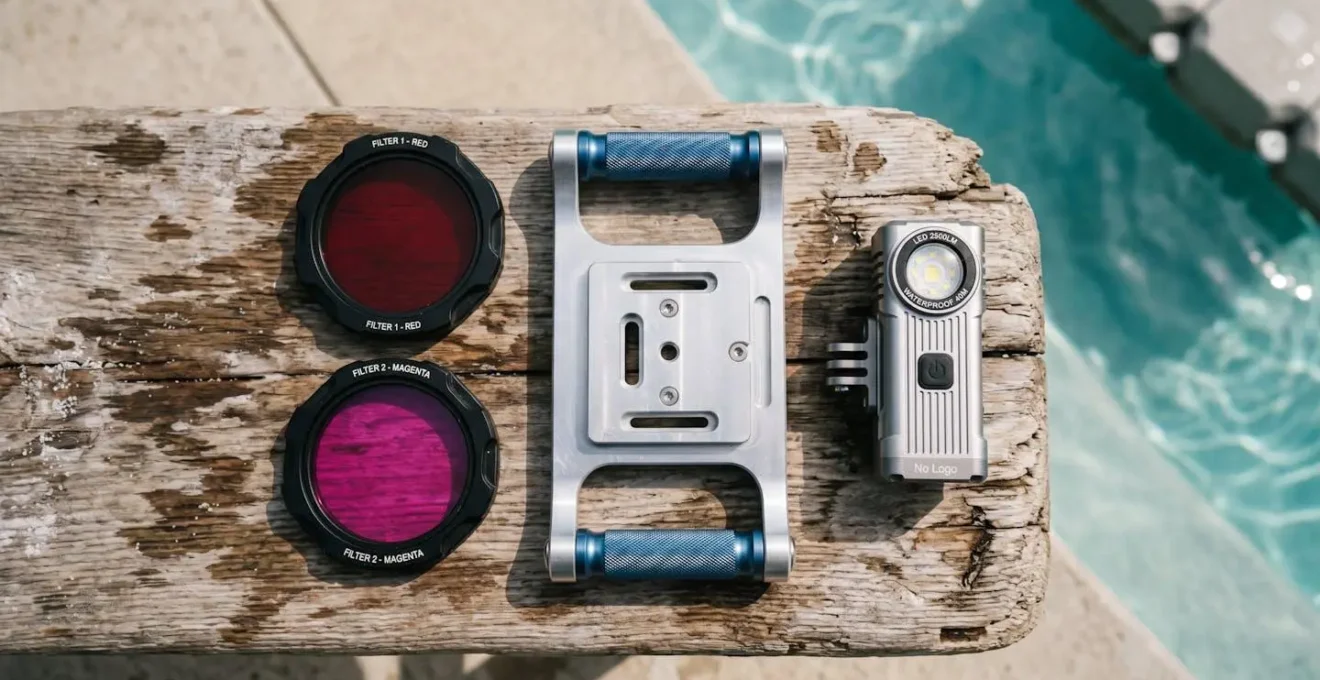 Filtres rouges et magneta, platine de fixation en aluminium, mini-lampe LED étanche étalés sur une surface en bois vieilli au bord de l'eau