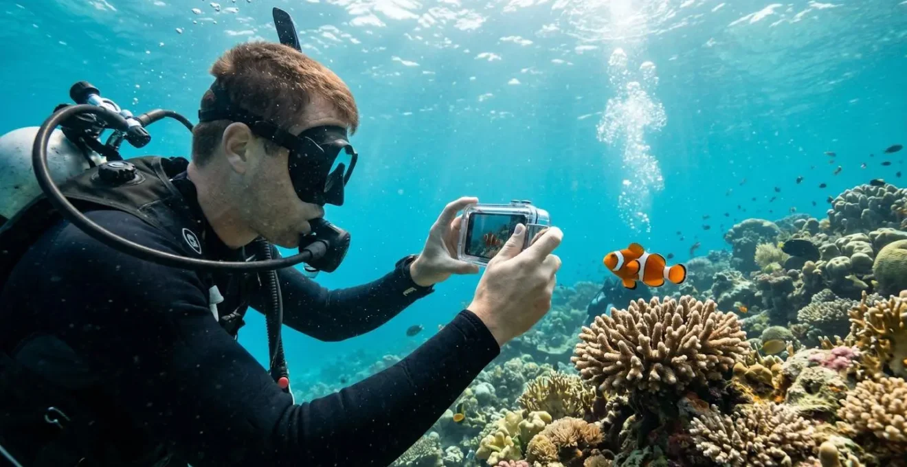 Plongeur sous-marin tenant un smartphone dans un caisson étanche transparent, en train de filmer un poisson tropical coloré dans une eau turquoise