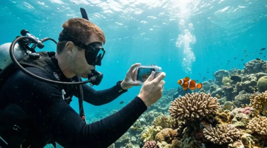 Plongeur sous-marin tenant un smartphone dans un caisson étanche transparent, en train de filmer un poisson tropical coloré dans une eau turquoise