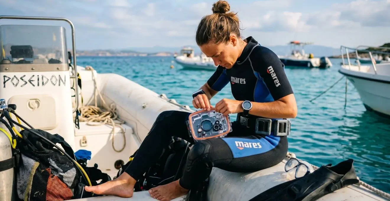 Plongeuse en combinaison assise sur le rebord d'un bateau, contrôlant minutieusement les joints orange de son caisson étanche avant la mise à l'eau