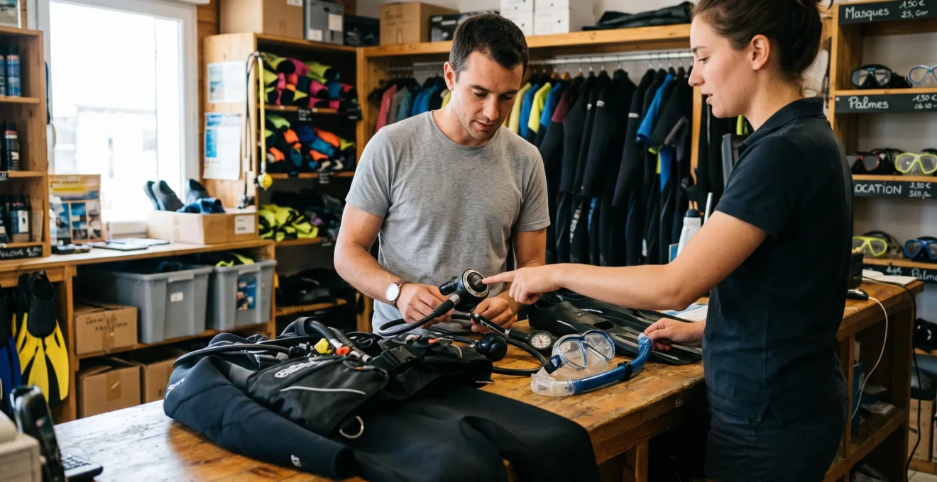 Un plongeur débutant examine un équipement de plongée complet présenté sur le comptoir d'une boutique spécialisée en France.