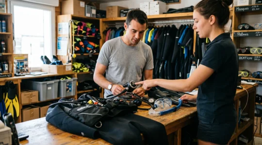 Un plongeur débutant examine un équipement de plongée complet présenté sur le comptoir d'une boutique spécialisée en France.