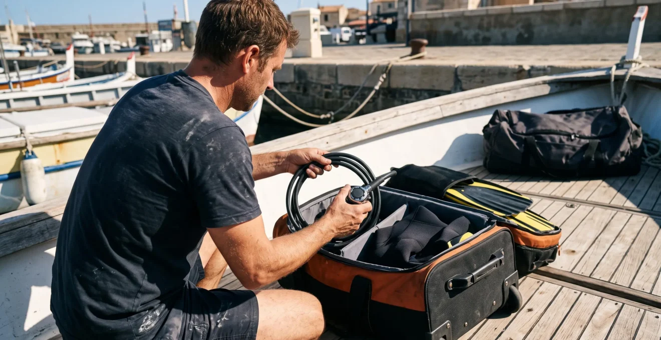 Un plongeur range soigneusement son détendeur dans un sac de transport étanche sur le pont d'un bateau de plongée amarré dans un port.